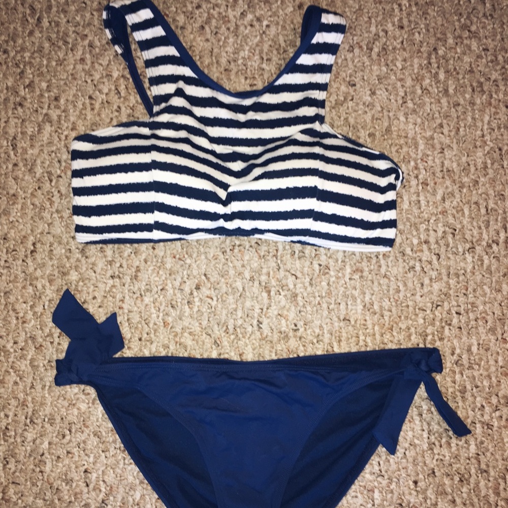Blue and white striped bikini